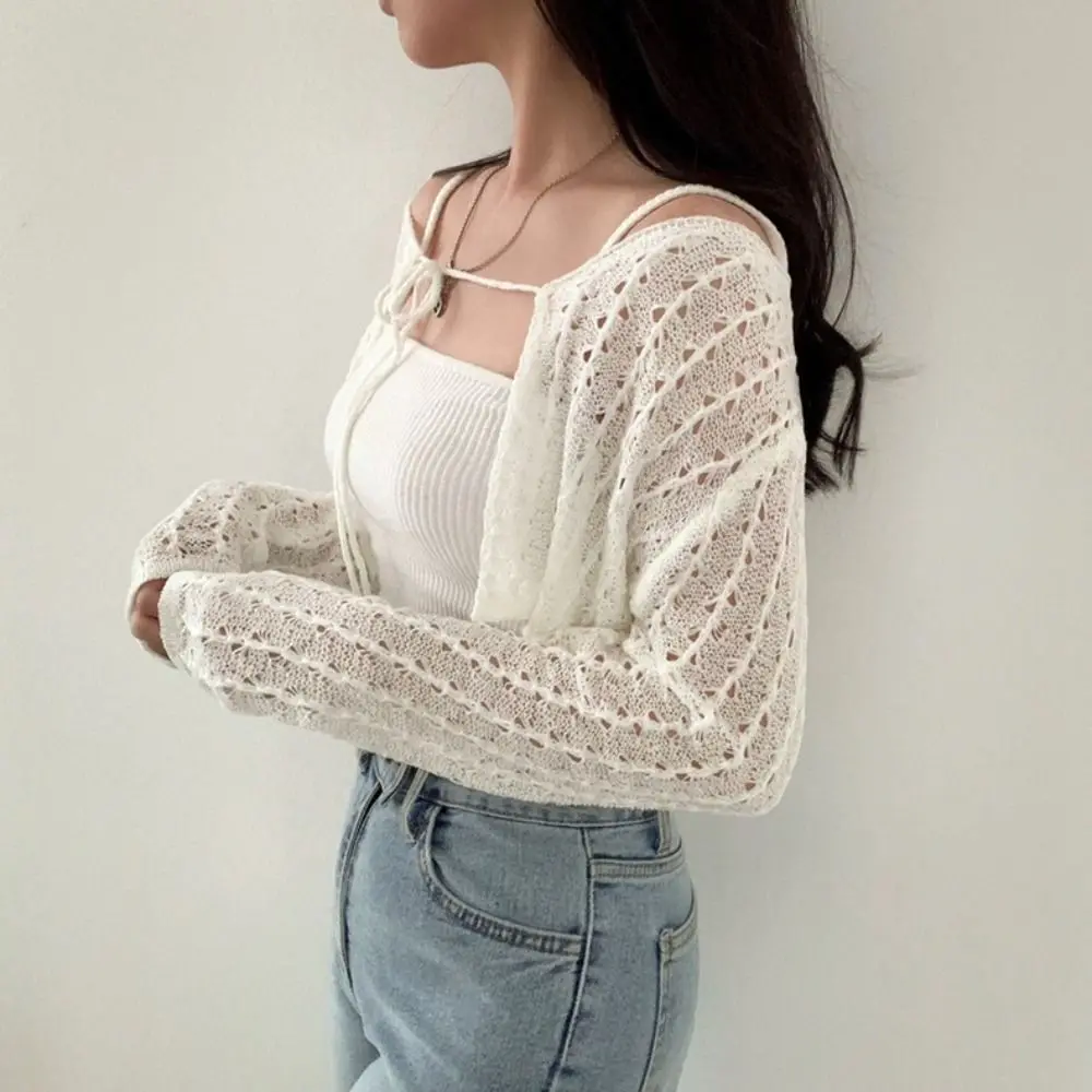 

All Match Simple Crochet Cardigan Women See Through Beach Wear Hollow Knitted Top Shawl Breathable Long Sleeved Crop Top Travel