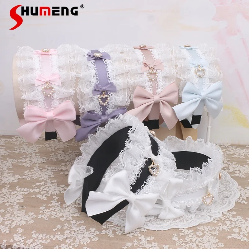 

Японская повязка на голову в стиле Sweet Lolita с кружевной отделкой, стразами и бантом, ультраширокая повязка для волос, заколки, аксессуары для одежды, 9 цветов на выбор