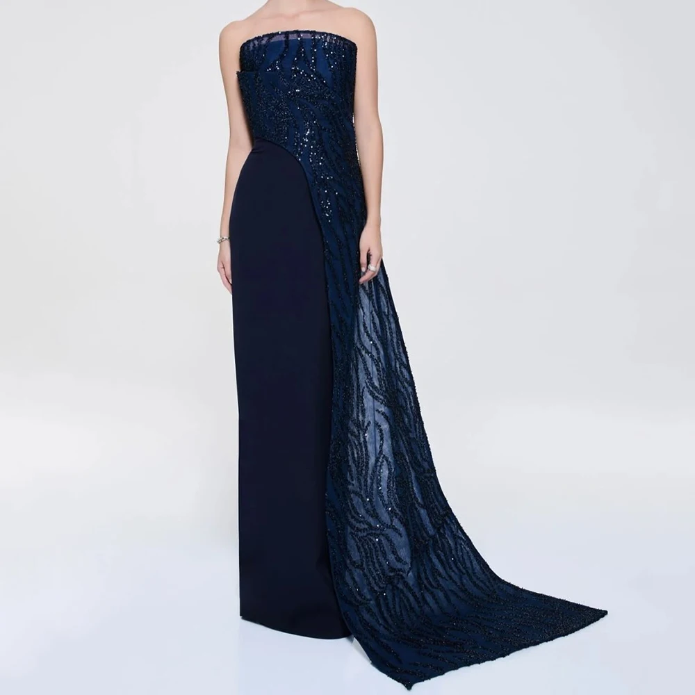 

Customized Straight Evening Dresses Floor-length Strapless Sleeveless Prom Gown Simpel Fsahion Sequined Backless Party Gown