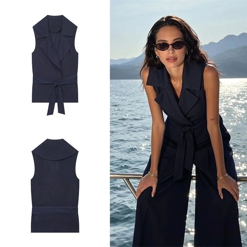 Guobioziy Women's Linen Vest 2026 Summer New Arrival, Solid Color with Tie Decoration European and American Fashion Collared Top