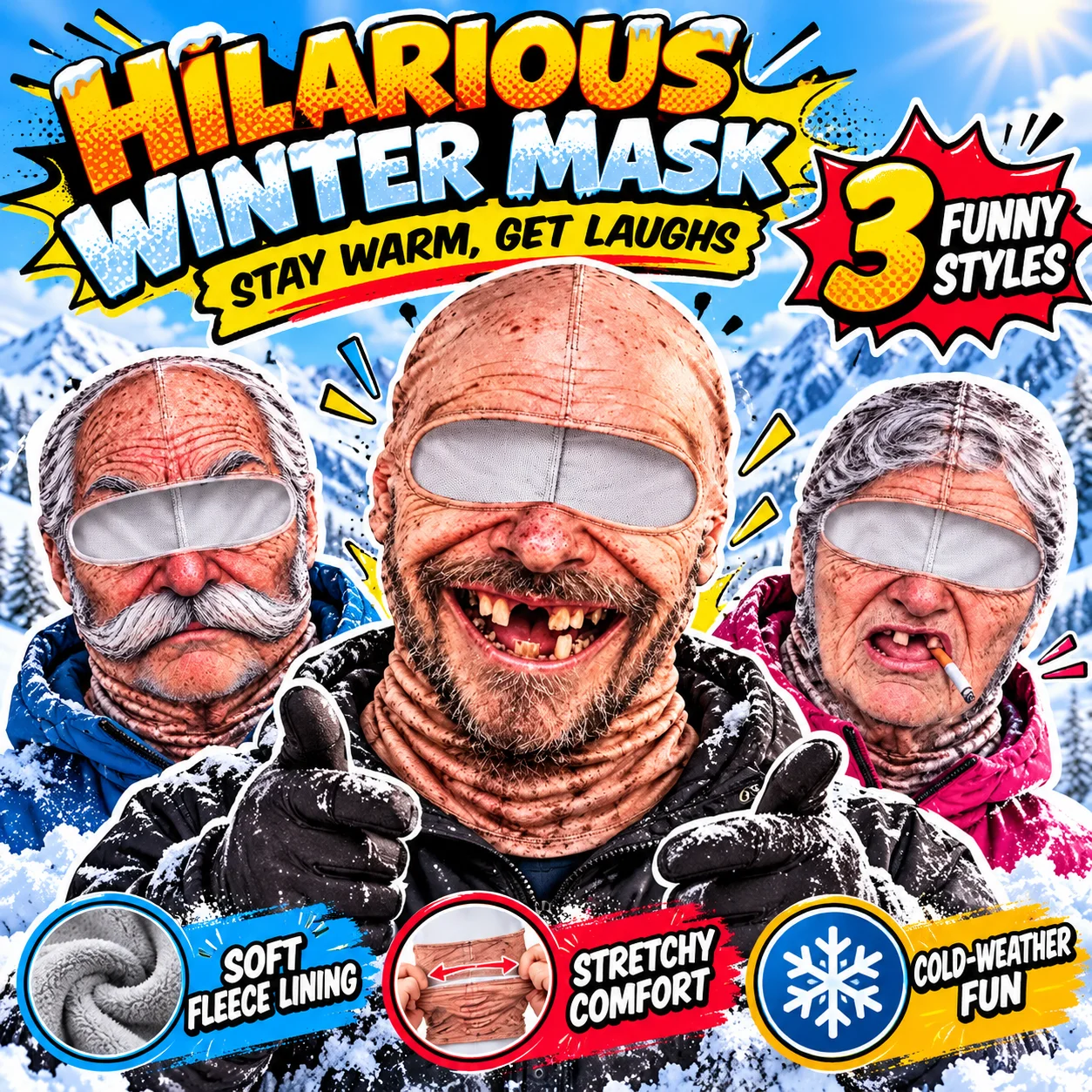 Funny Realistic Old Man Face Balaclava Thickened Fleece Lined Ski Mask 3D Printed Winter Snowboard Outdoor Sports Face Cover