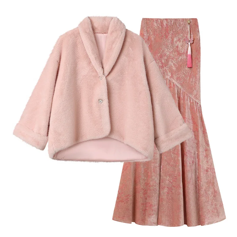 Retro Style Autumn Winter Eco-friendly Wool Light Luxury Sweet Jacket Pink Skirt Women's Set for commuting dating and traveling