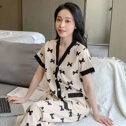 Chic Bow Print Womens Pajama Set Comfortable Short Sleeve V Neck Top and Elastic Waist Pants Luxurious Sleepwear & Loungewear