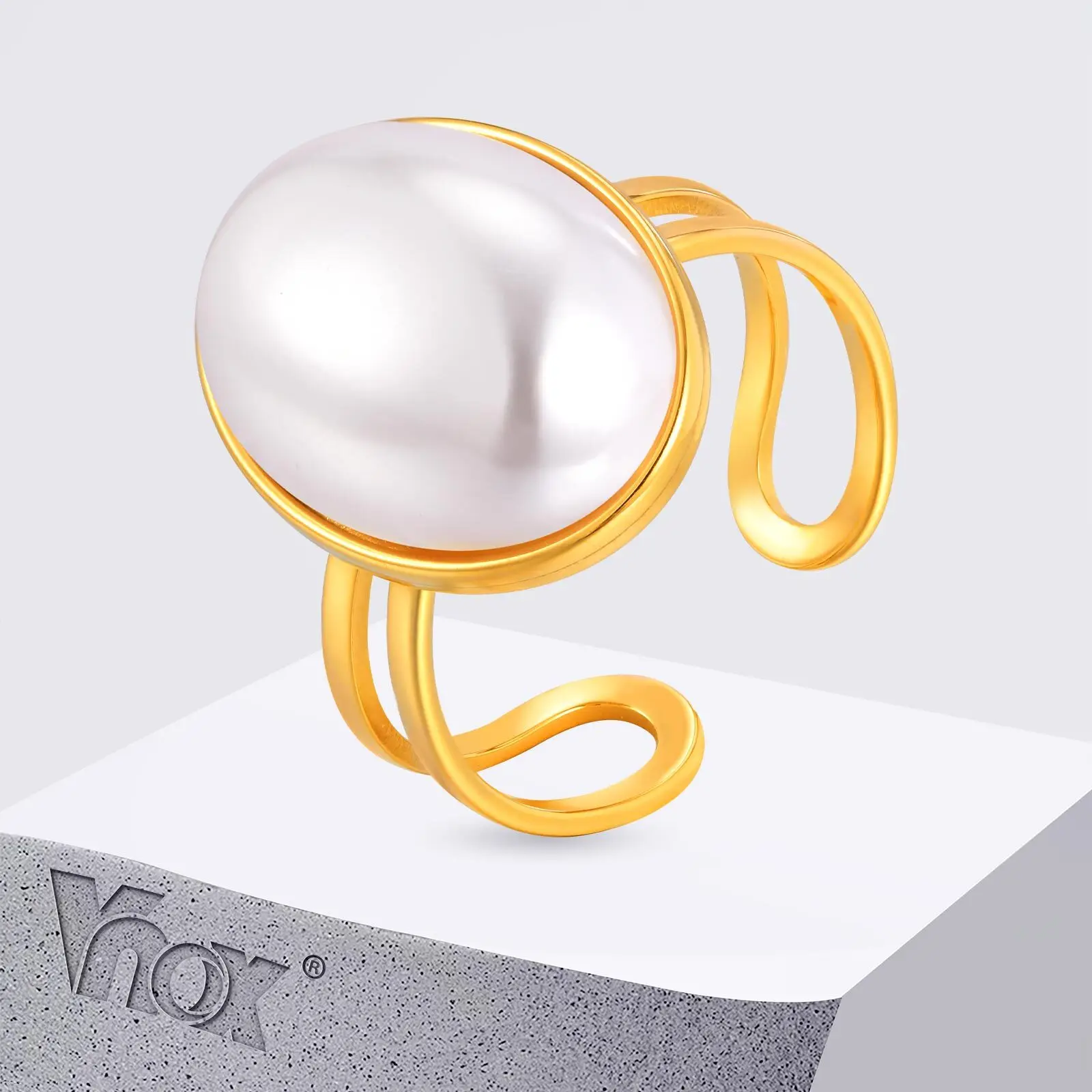 

Vnox Stainless Steel Gold Plated Hollow Rings For Women With Big Simulated Pearl Elegant Jewelry To Girls Casual Daily Wear