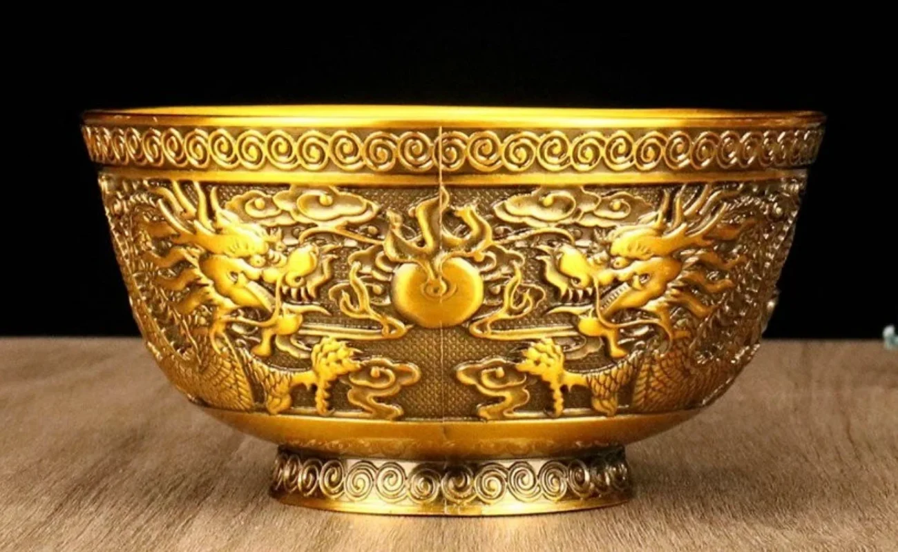 

5"Chinese Dynasty bronze fengshui double dragon loong beast bowl bowls cup