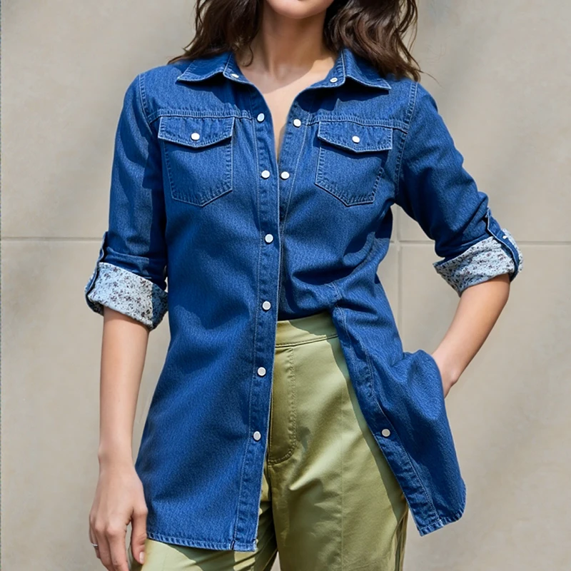 2025 الخريف الحلو طويلة الأكمام رقيقة قميص دينيم موضة المرقعة المرأة القمصان مع جيوب الكورية نمط المرأة بلايز 9837