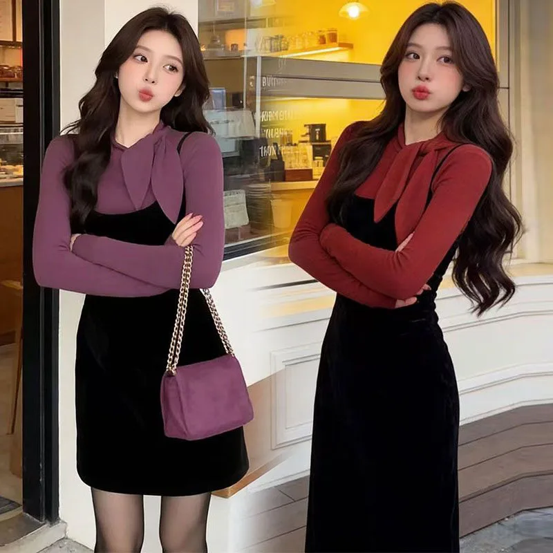

Spring Velvet Dr Set Women's Slim Fit Inner irt ort Skirt Two Piece Set Comfortable Breathable High Waist round Ne
