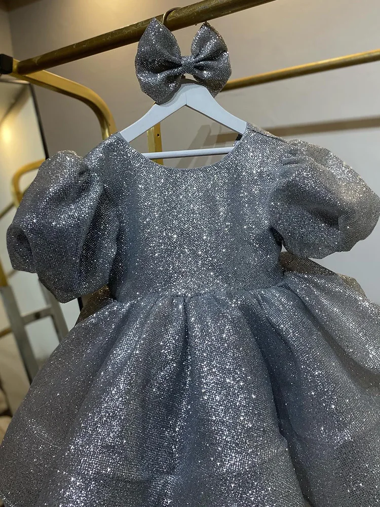 Kids Dresses Girl Shining silver gray big bow tutu Princess Dress Children Wedding Flower Girl baby Birthday Party Dress