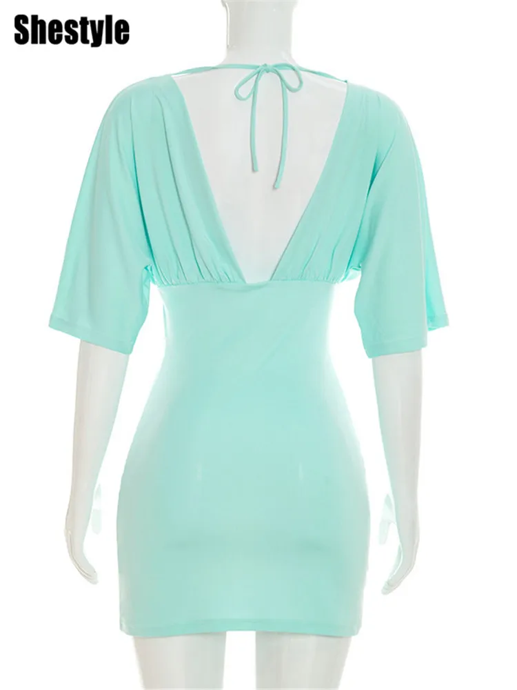Shestyle Blue V Neck Short Sleeve Dresses Women Sheath Stretchy High Waist Backless Sexy Cleavage 2026 New Stylish Trendy - view 5