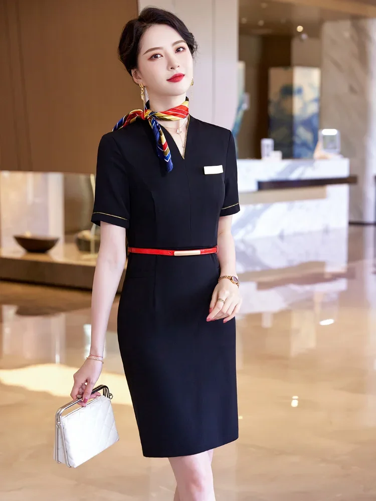جودة المهن اللباس سيدة الصيف قصيرة الأكمام العمل موحدة المطار فندق مكتب الاستقبال مضيفة صالون تجميل ملابس العمل