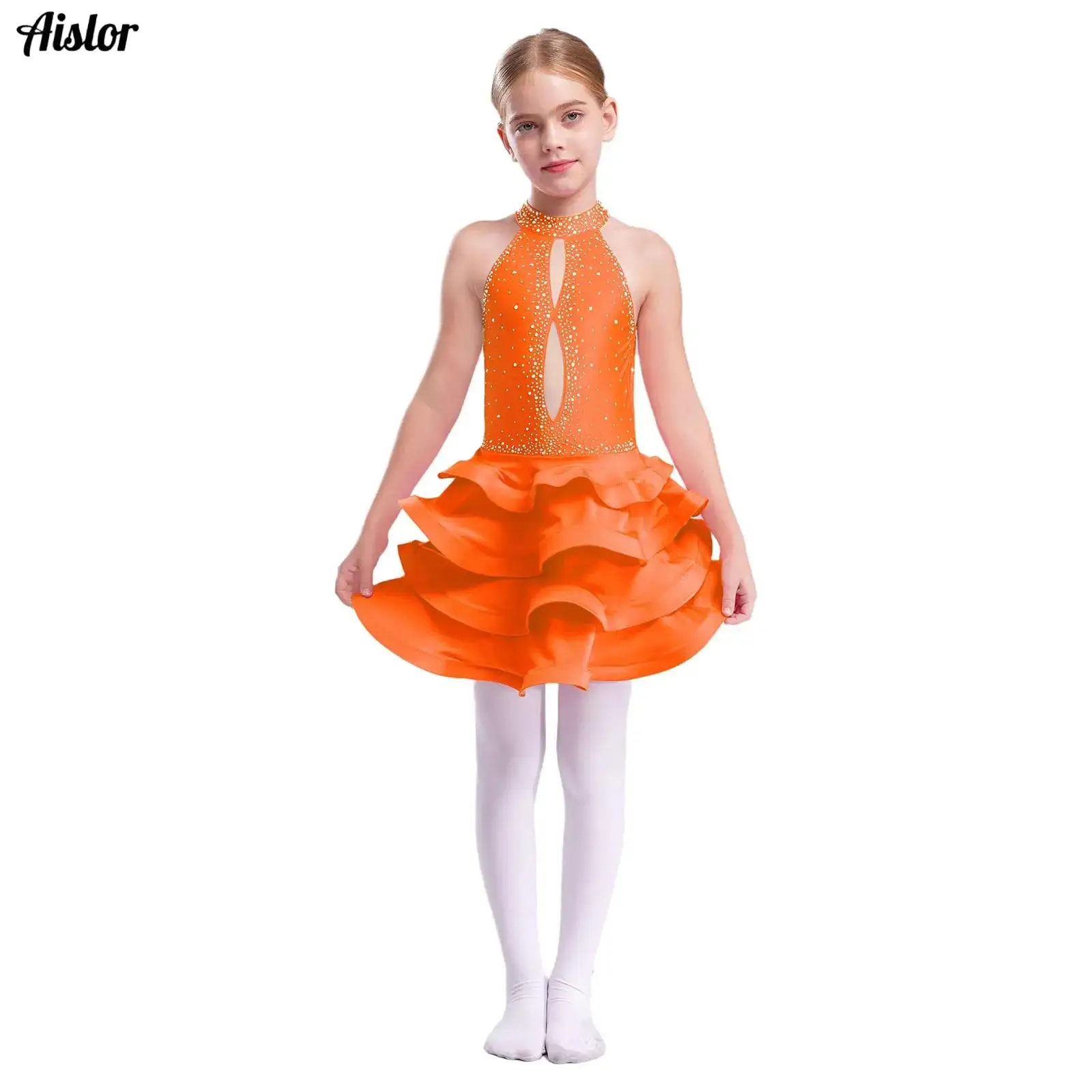 

Kids Girls Latin Tiered Dance Dress Jazz Tango Dance Performance Costume Sleeveless Backless Shiny Rhinestones Ballet Tutu Dress
