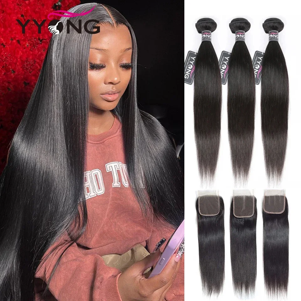 Yyong Straight Hair Bundles With Closure Brazilian Hair Weave 3/4 Bundles Remy Human Hair Bundles With Closure Hair Extension