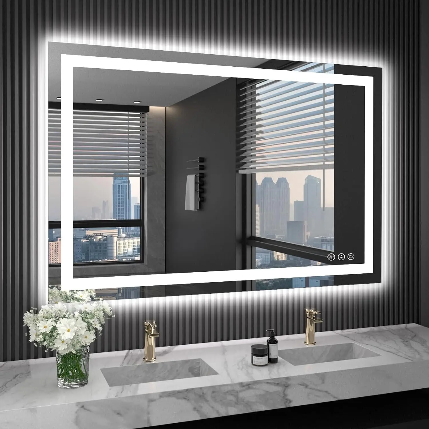 48X36 Led Bathroom Mirror Lights Anti Fog Dimmable Backlit Front Lit Lighted Vanity Wall Shatter Proof Memory Function Tempered