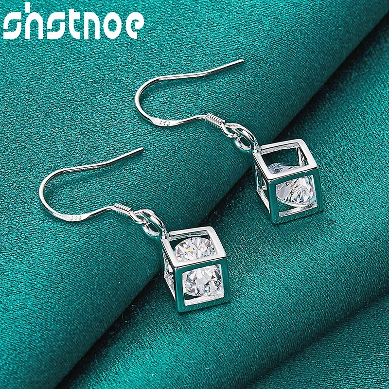 

SHSTONE 925 Sterling Silver Earring Luxury AAA Zircon Square Box Drop Earrings For Women Fashion Party Wedding New Jewelry Gifts