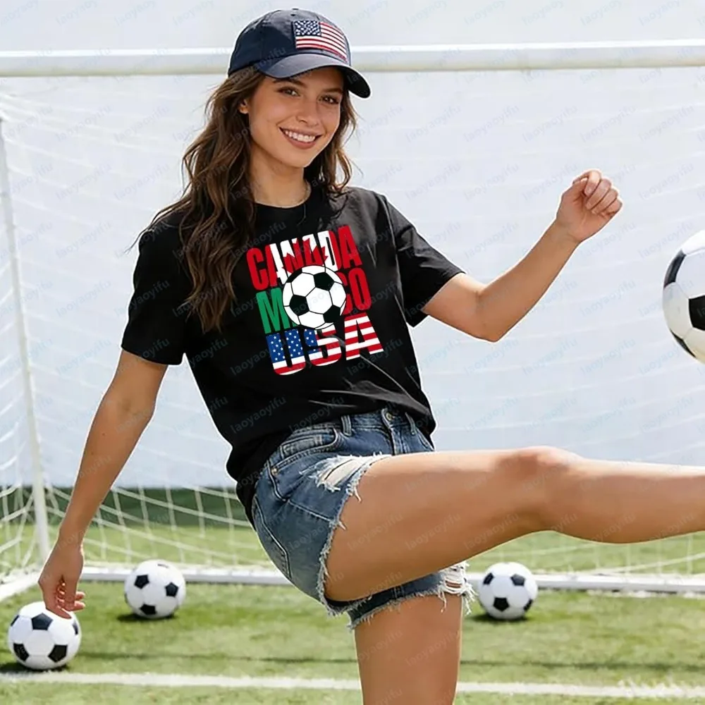2026 Soccer Cotton T-Shirt Canada Mexico USA Flag Text Print Casual Short Sleeve Crew Neck Black Tee for Fans Match Day Apparel
