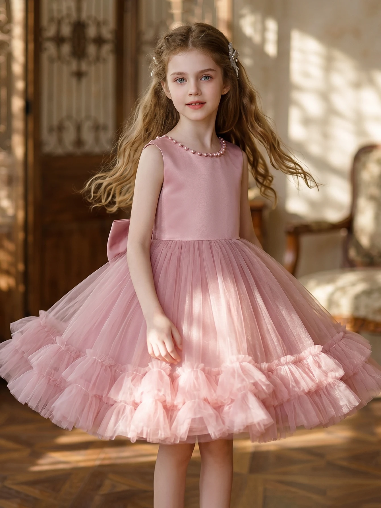Girls' Pink Pearl-Encrusted Satin Patchwork Netting And Puff Fabric Cake Dress with Large Bows Party Dress for Party, Wedding
