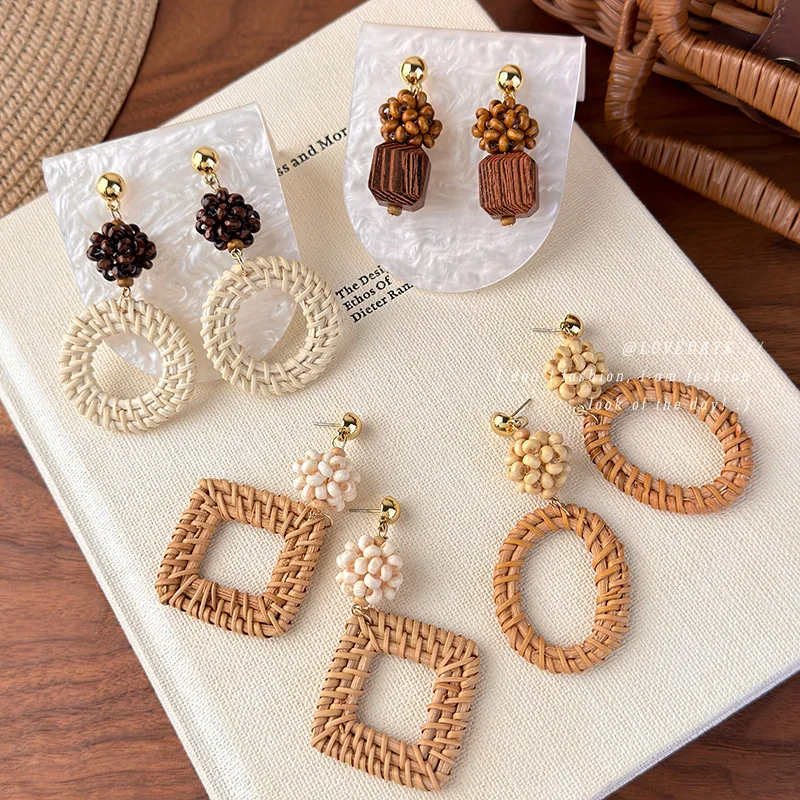 Summer Beach Vacation Wooden Beaded Rattan Woven Geometric Stud Earrings Retro Ethnic Style Photo Prop For Women Daily Party