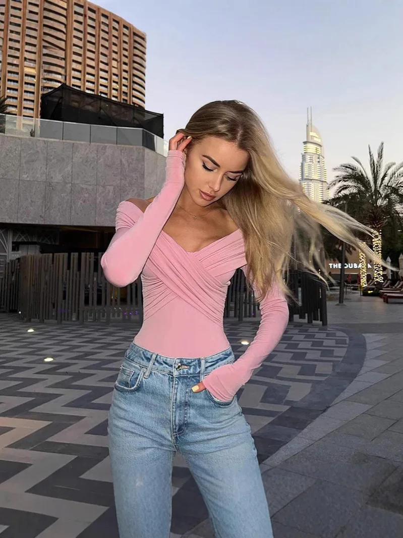 Frauen Weg Schulter Shirts Kurze Shirts Mode Vorne Kreuz Langarm Slim Fit Tops Damen Kleidung Clubwear Weibliche Streetwear