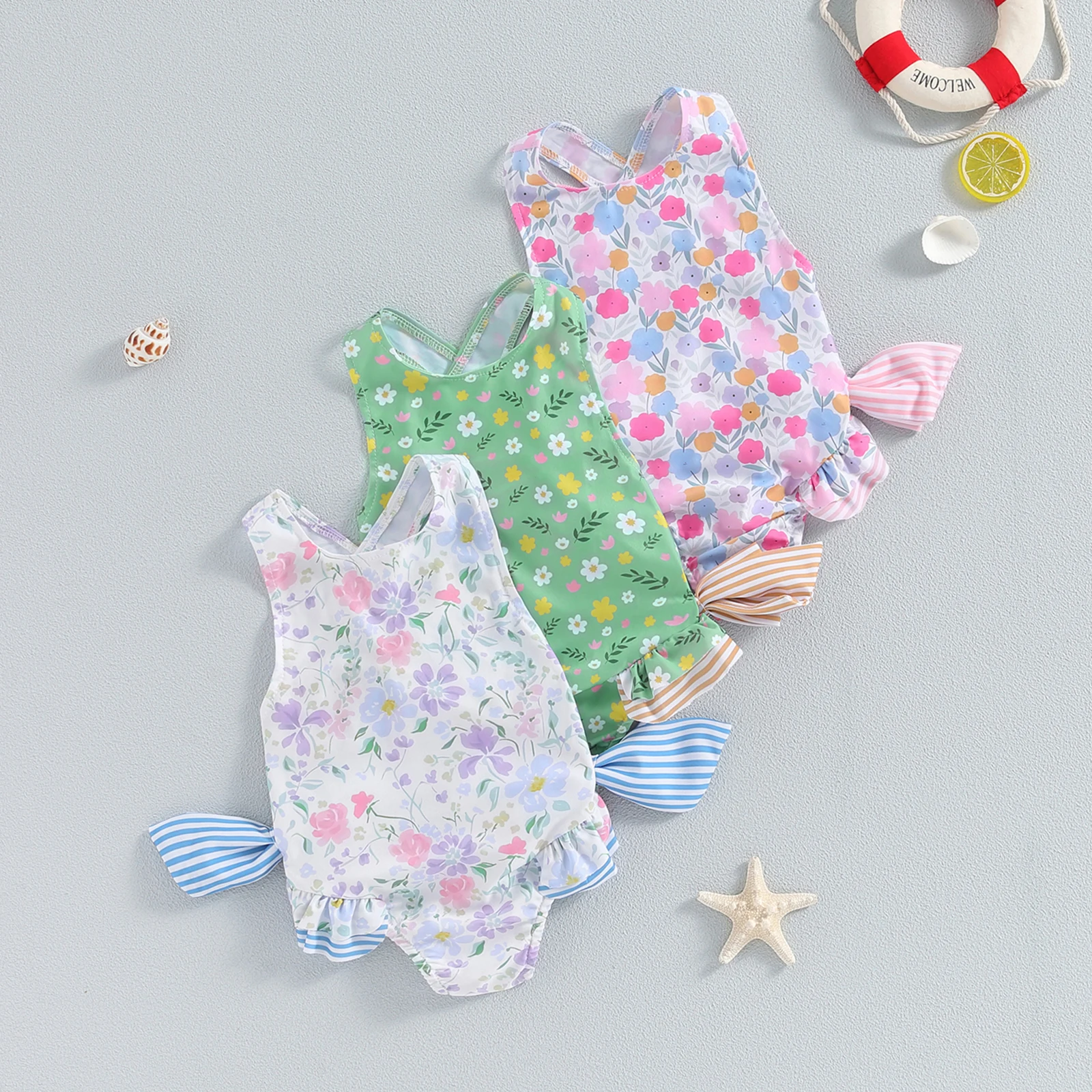 Tregren 1-6Years Kids Girls Floral Print Swimsuit with 3D Bow Cute Sporty Summer Swimwear Toddler Infant Bathing Suit Beachwear