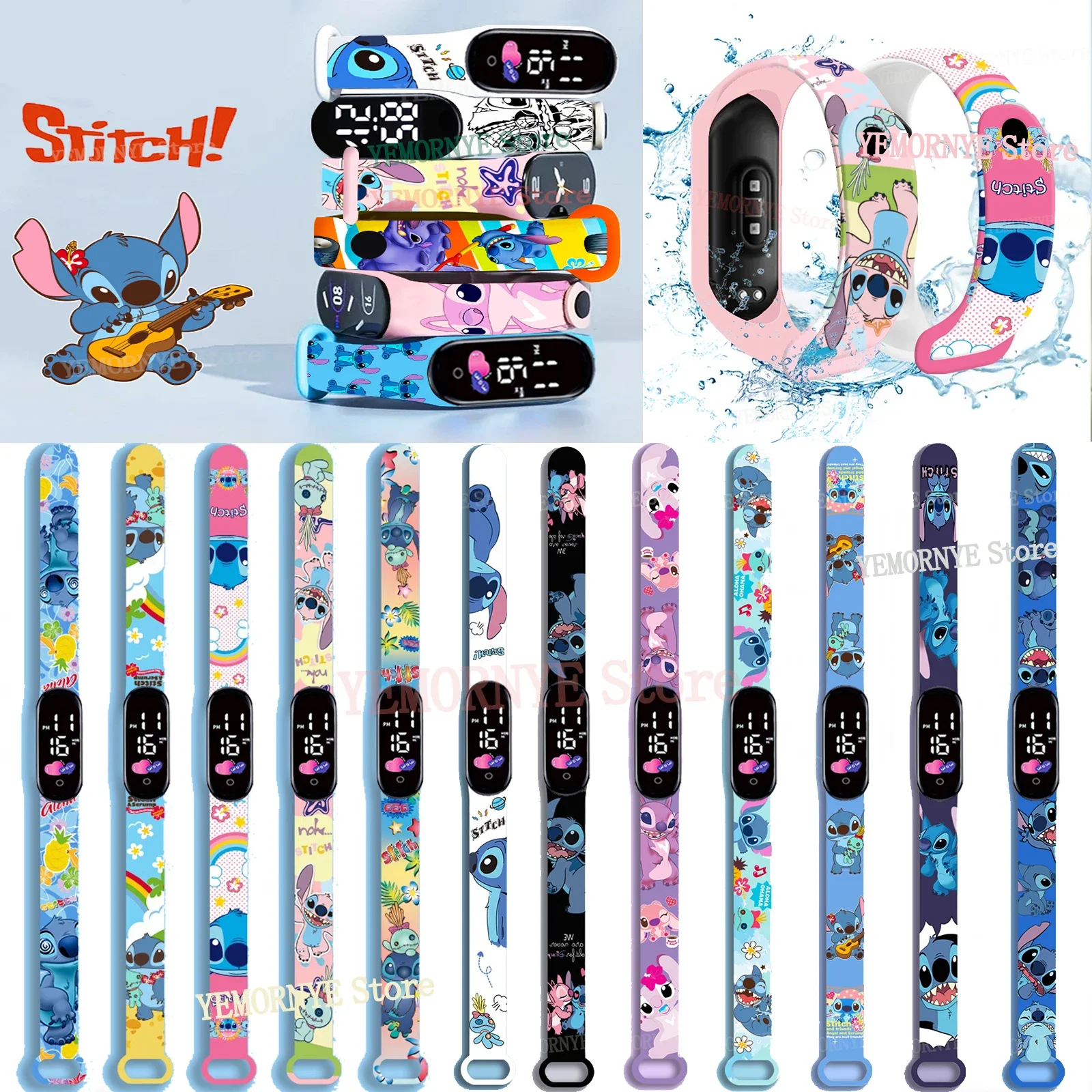 Disney Stitch Digitale Kinderuhren, Anime-Figuren, LED-Touch, leuchtendes Kinder-Sportarmband, wasserdichte Digitaluhr, Geburtstagsspielzeug