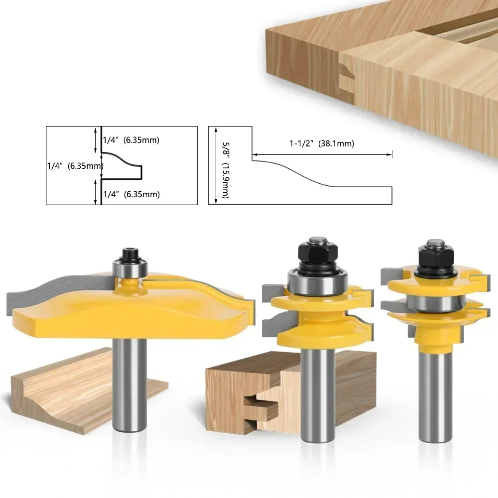 3pcs set 12MM 1/2" Shank Rail & Stile Ogee Blade Cutter Panel Raised Cabinet Router Bit Set Door Tenon Woodworking Tools