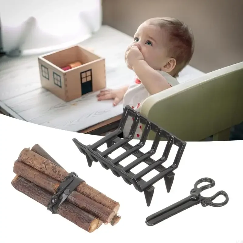 

1/12 Scale Realistic Fireplaces Accessories Firewood with Holder And Tongs For Miniature Room Display 15UB