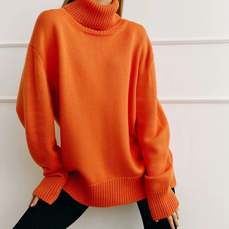 FADDISH 2024 Autumn Winter Women Fashion Loose Warm Turtleneck Knitted Sweater Female Solid Color Casual Long Sleeve Pullover