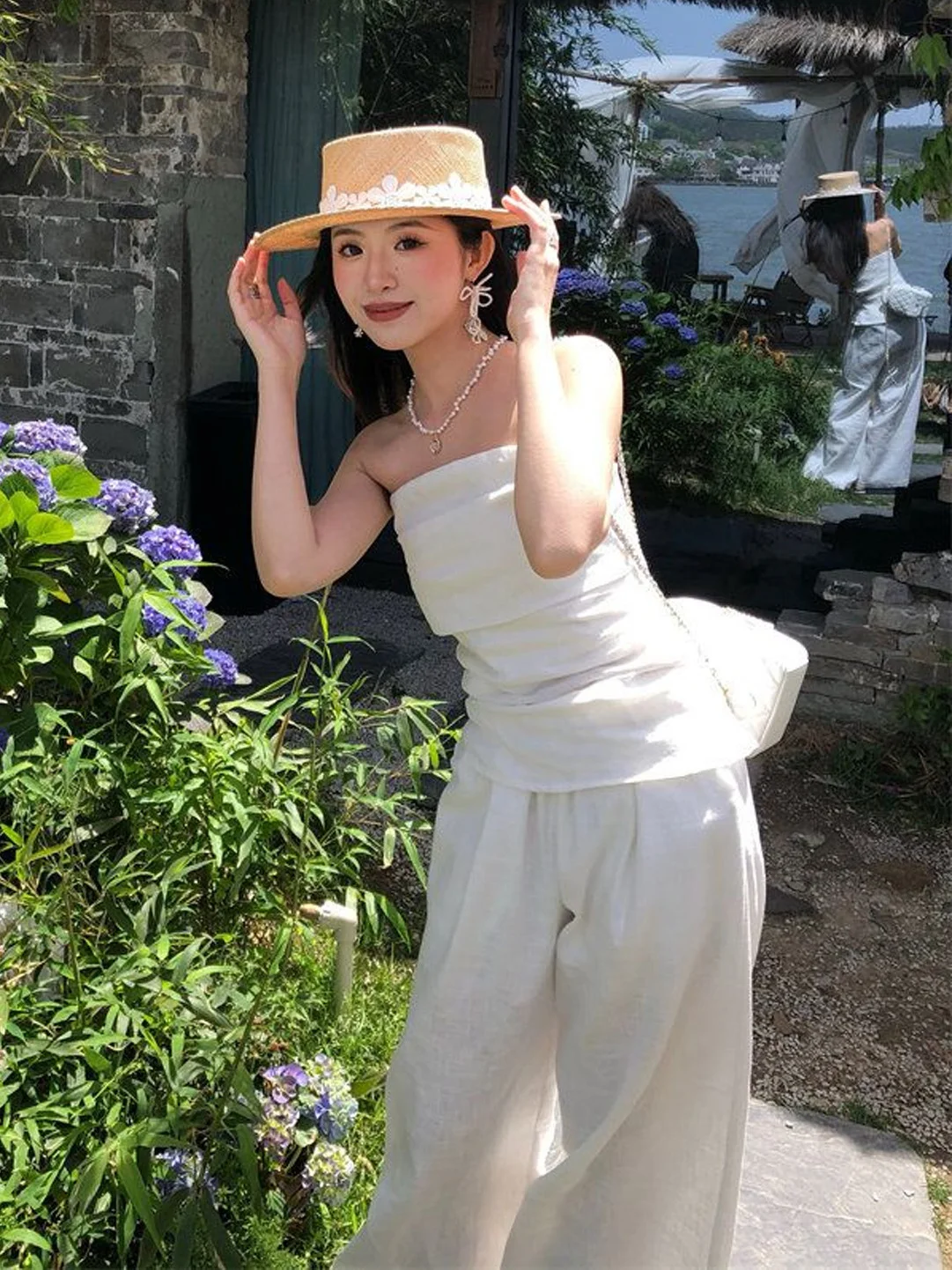 

Fashionable Slim Fit Tube Top And Wide Leg Pants Set Women's Summer New Arrival Casual Drapey Top Bottoms Ensemble