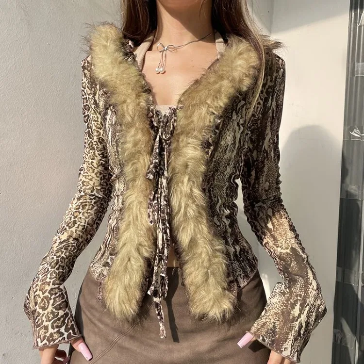 American Retro Fur Patchwork Lace Up Cardigans Sexy Slim Fit All-match Knitted Tops Mujer 2024 Autumn New Long Sleeve Sweaters