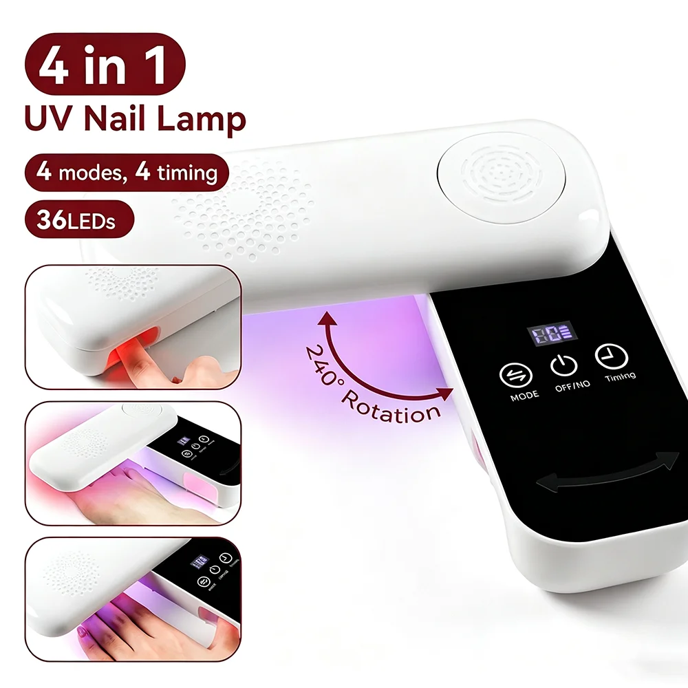 Lampada UV LED portatile per unghie, 4 in 1, con base girevole, senza fili, per asciugare lo smalto gel, 4 modalità, 4 timer, ideale per manicure a casa o in viaggio.