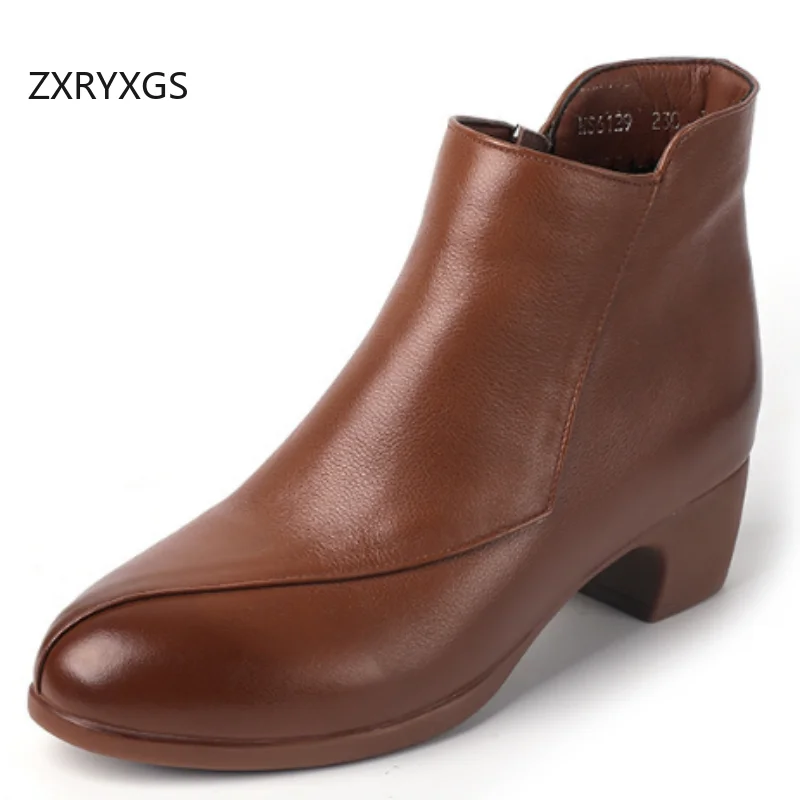 

ZXRYXGS Женские ботинки из воловьей кожи с круглым носком, короткие новые модные ботинки, размер 2025, осенне-зимние ботинки больших размеров на толстом среднем каблуке Tide