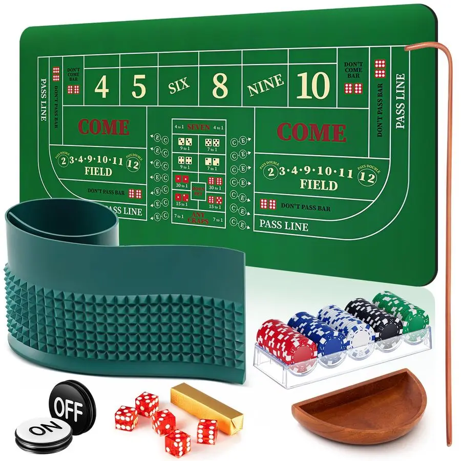 

Tabletop Game Set Includes 35x70 Rubber Tabletop Layout Mat Craps Diamond Pyramid Rubber Bumper, Rattan Stick, Grade AAA 19mm Di