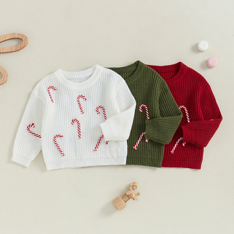 Sweter rajut lengan panjang untuk balita, sweter rajut kasual lengan panjang tongkat permen, Sweater Natal untuk anak perempuan baru lahir 0-3 tahun