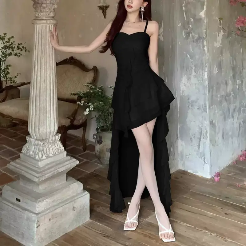 Fashion Sexy Spaghetti Strap Ruffle Irregular Bodycon Party Club Evening Dress Women Mesh Suspender Spring Summer Holiday Beach - Image 2
