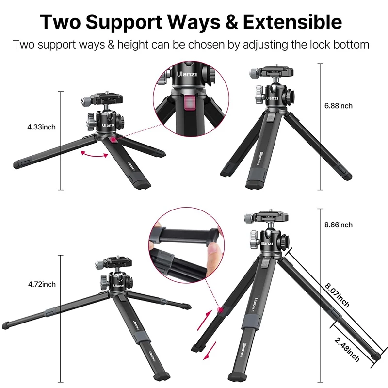 Ulanzi MT-24 Vlog Lite Metal Tripod With Ballhead Extendable 1/4; Tripod Monopod Cold Shoe Arca Quick Swiss 2.5KG Max Load