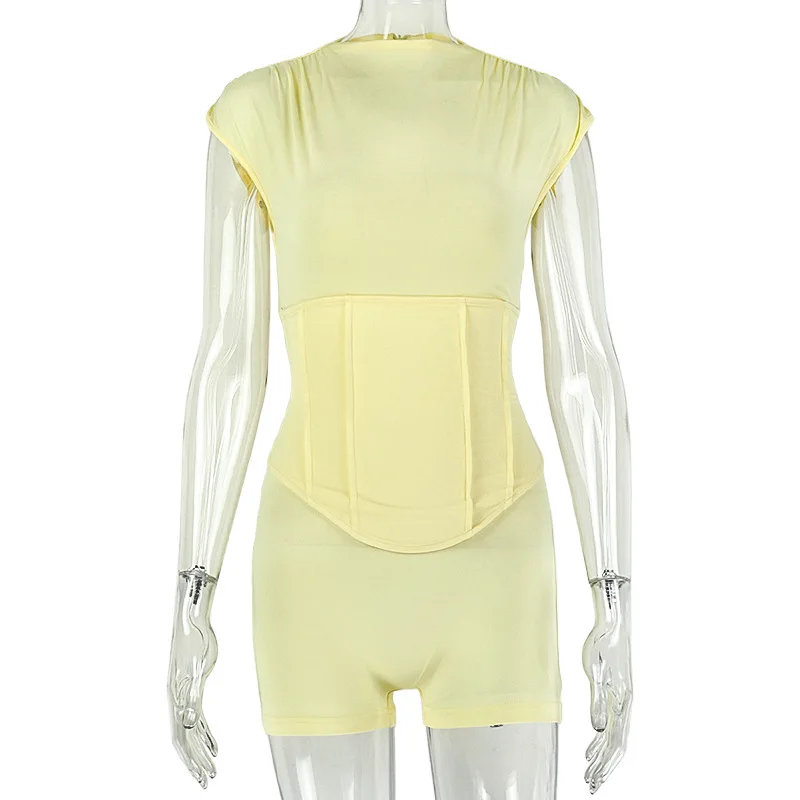 Eleganter Damen-Overall in Gelb mit Korsett und Raffungen, Sexy Bodycon-Jumpsuit mit Hohem Kragen und Kurzen Ärmeln, Nachtclub Y2K Kurzer Einteiler – Detail 7