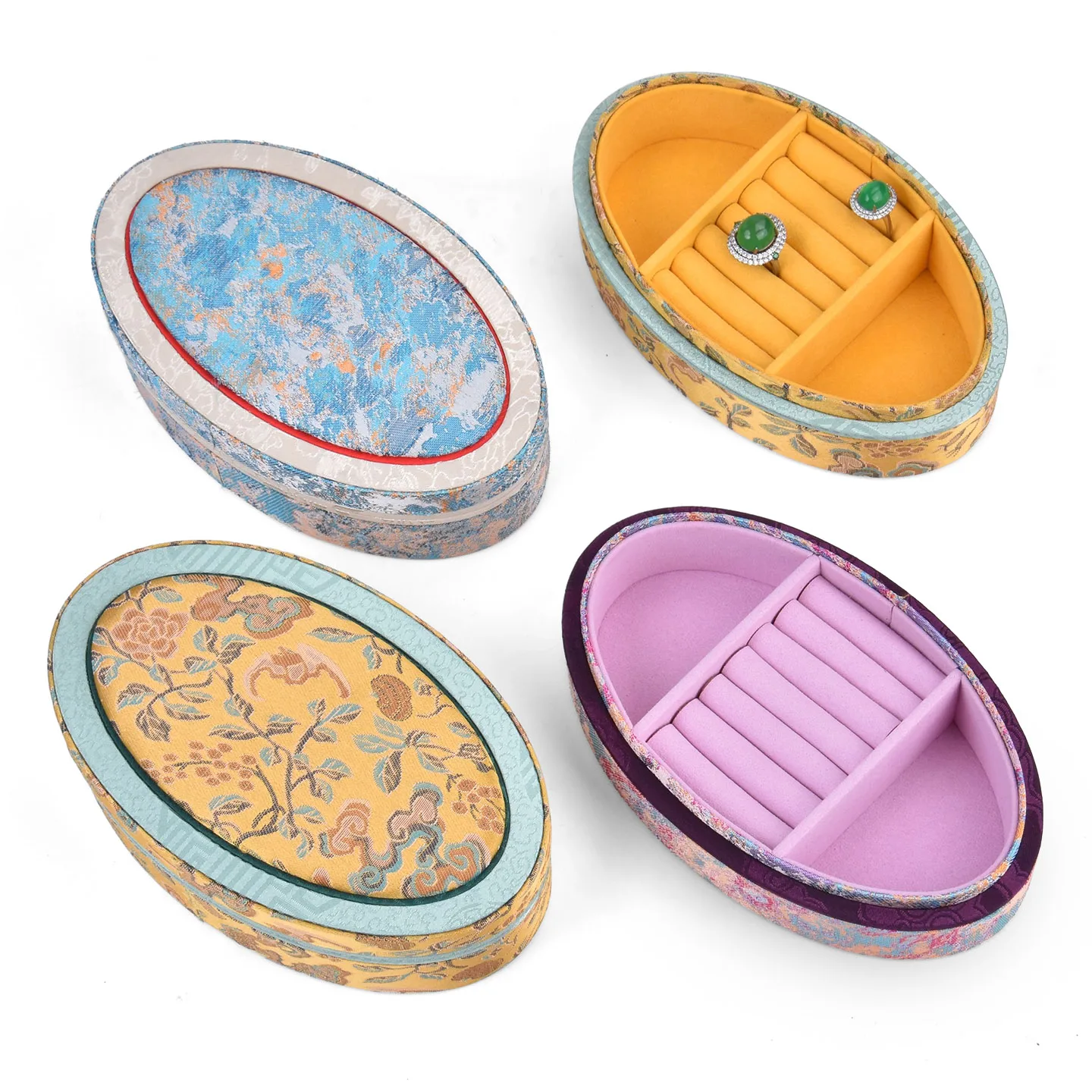 

Classical embroidery fabric oval jewelry box, Chinese palace style pearl ring jewelry packaging and storage box