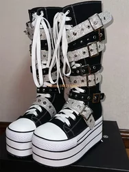 Thick Sole Rivet Belt Buckle Canvas Boots Round Lace Up Street Cyberpunk Rock Street New Fashion Women Sports Casual Long Boots