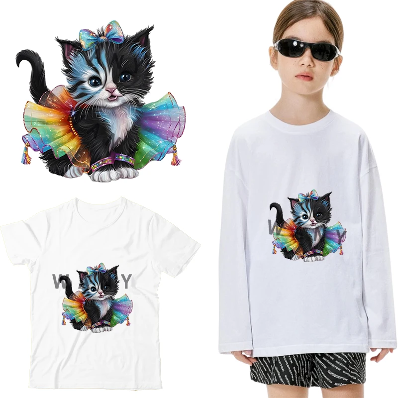 A Black Cat Wearing a Colorful Dress Iron On Patch DTF Transfers Ready to Press Heat Transfer On Clothes Iron On Heat Transfer view 2