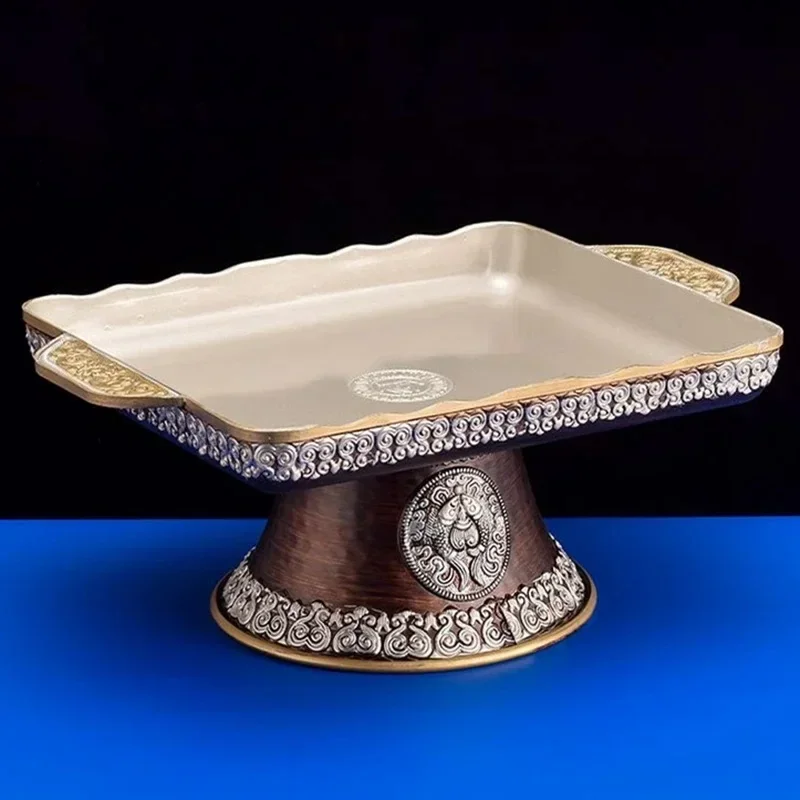 

Alloy Square Fruit Dish Embossed Auspicious Large Size Brown Food Plate Mongolia 27cm Tray Desktop Home Indoor Altars Decorative