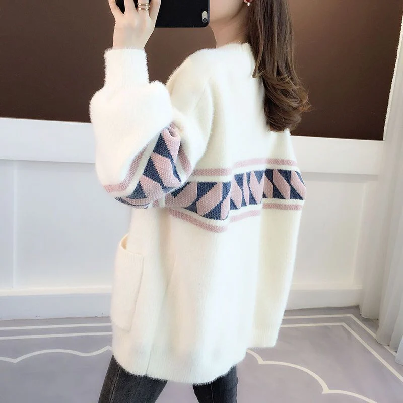 2024 Printed Lantern Sleeve Knit Cardigan Women Oversize Single Breasted Cardigan Coat Woman Korean V Neck Sweater Cardigans