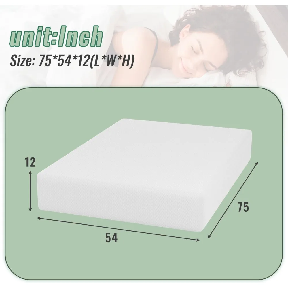 Full Size Gel Memory Foam colchão, respirável e lavável, tampa com zíper, tecido macio de apoio, 12"