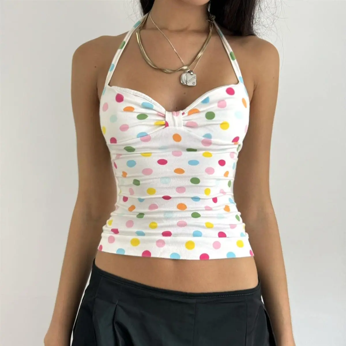 2026 American Sweet Spicy Polka Dot Print Sexy Hanging Neck Vest Women Summer Dopamine Vacation Short Crop Top