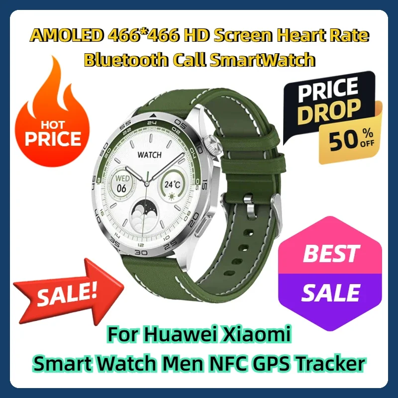 

AMOLED 466*466 HD Screen Heart Rate Bluetooth Call SmartWatch For Huawei Xiaomi Smart Watch Men NFC GPS Tracker