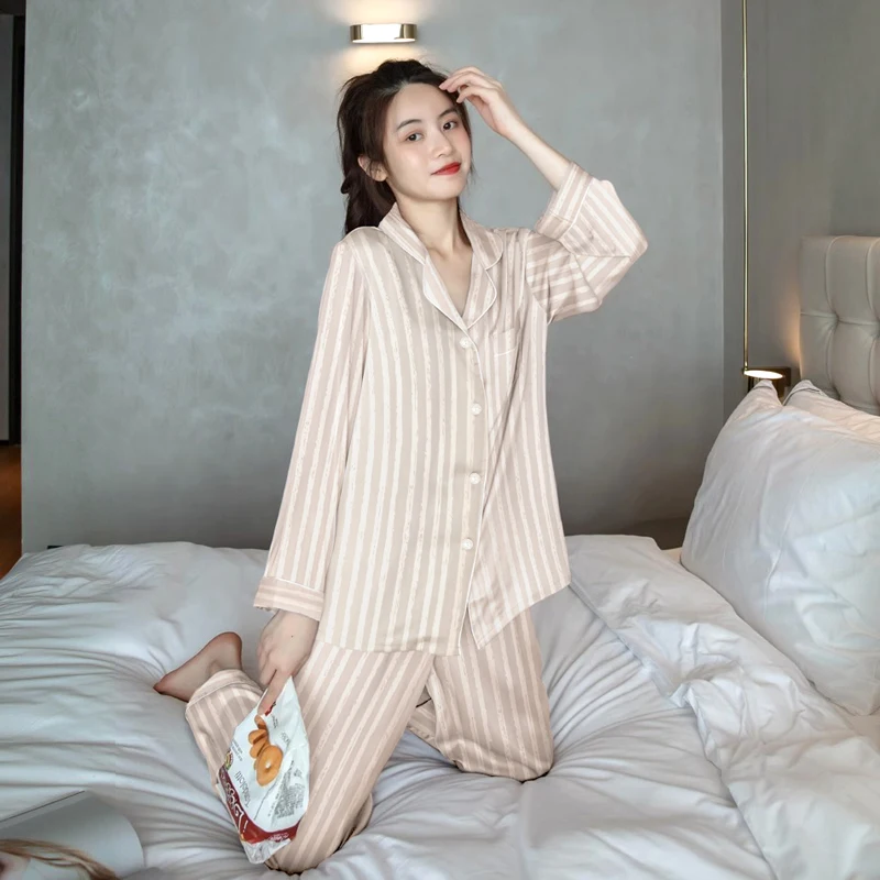 

Pajamas Set Long Sleeve Sleepwear Womens Button Down Nightwear Pij Sets stripe Shirt Trouser Loungewear Female Pyjamas Suits