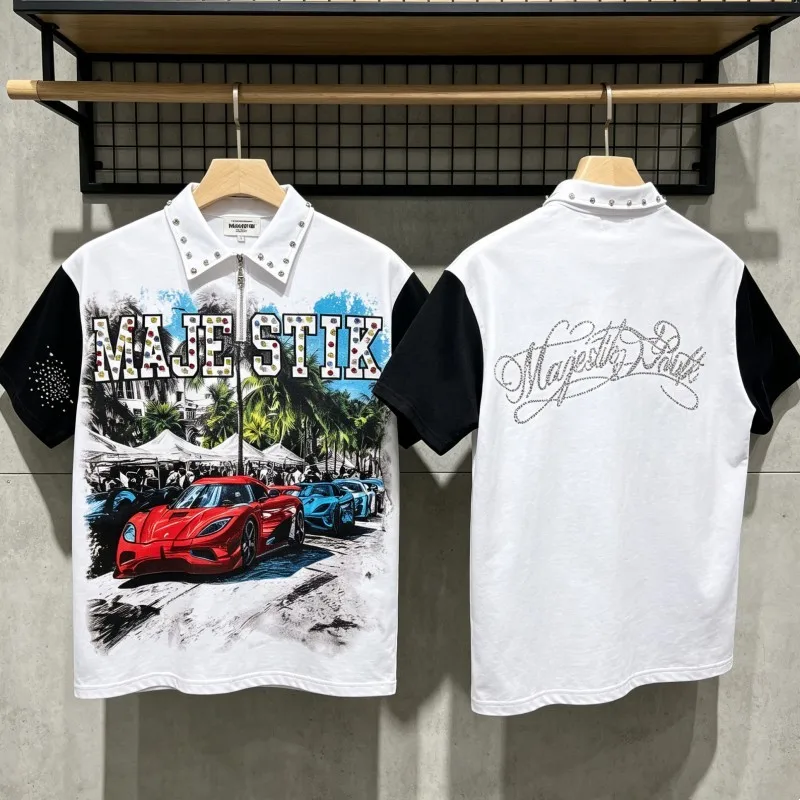 Half Zip Lapel Nail Bead Short Sleeve Polo Shirts MAJESTIK Tshirts Graffiti Sports Car Print Top Tee Summer Men Women Streetwear