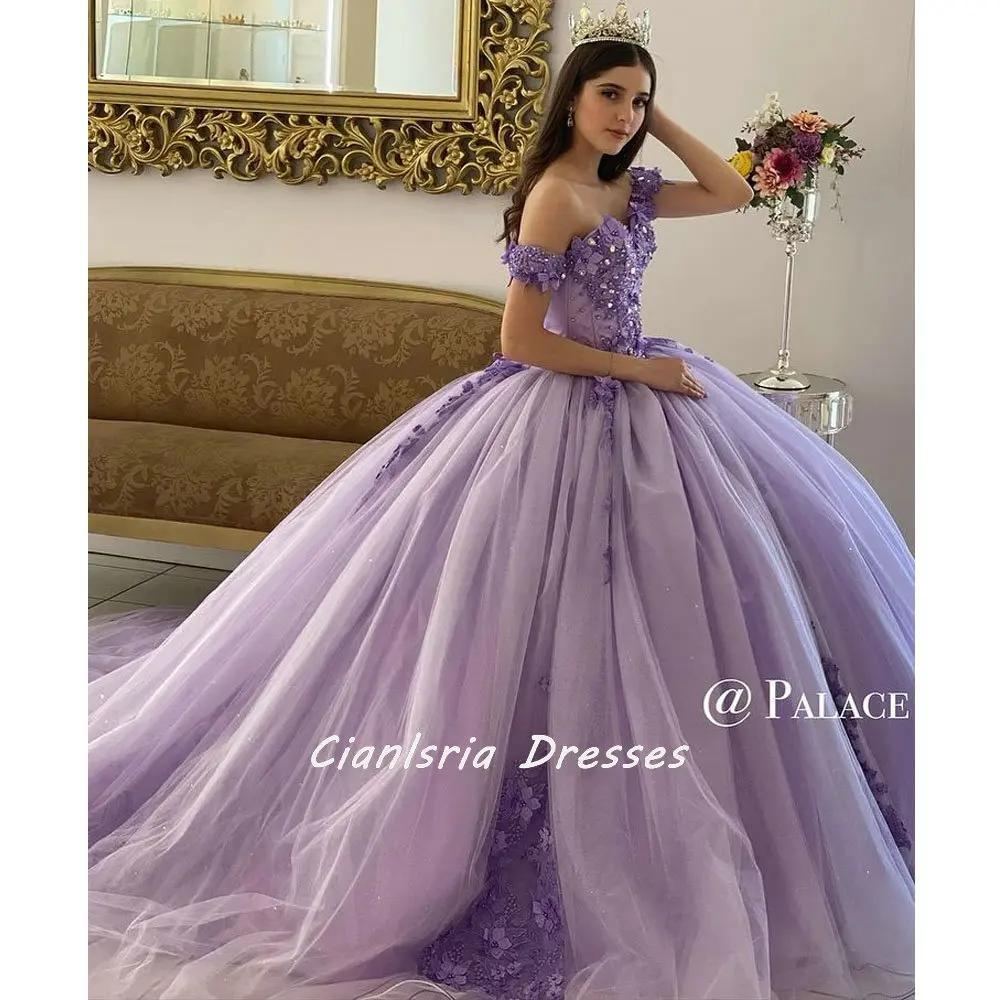 Vestido De quinceañera con flores y perlas lilas 3D, corsé con cuentas, vestido De baile con hombros descubiertos, apliques dulces 16, 15 Años