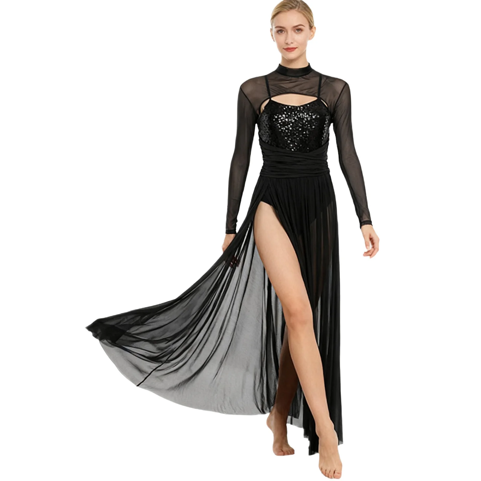 إمرأة الباليه أزياء رقص غنائي الترتر شبكة تول فلوي ماكسي فستان طويل المدمج في ملخصات موردن المعاصرة Dancewear