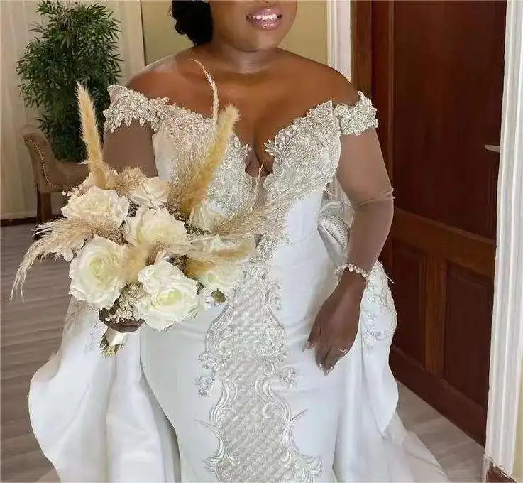 Customized New Luxury African Wedding Dress Detachable Fishtail Beaded Off Shoulder Custom Made Bridal Gown