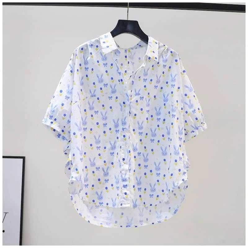 

Shirts for Women Vintage Polo-neck Rabbit Printing Loose Half Sleeve Casual Korean Style Oversized Fold Design Blouse Women Tops